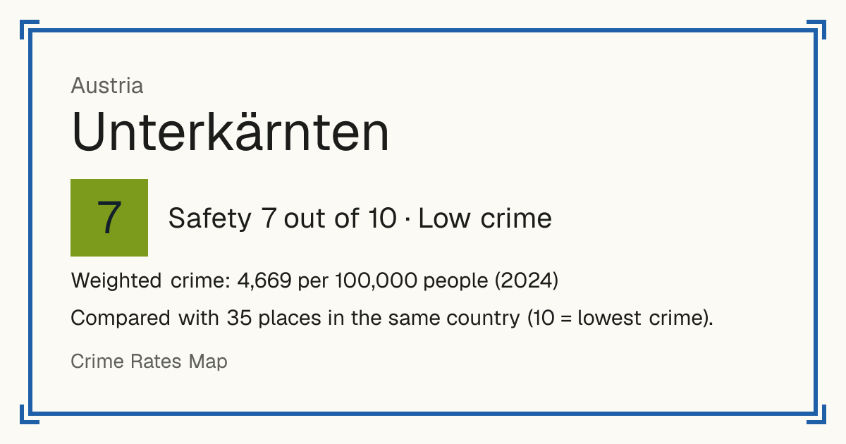 Unterkärnten, Austria: Safety 7 out of 10 (Low crime). Weighted crime: 4,669 per 100,000 people (2024).
