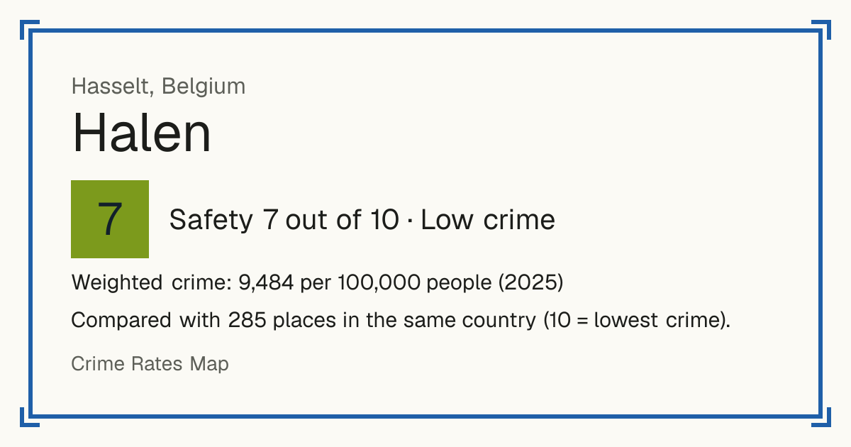 Halen, Belgium: Safety 7 out of 10 (Low crime). Weighted crime: 9,484 per 100,000 people (2025).