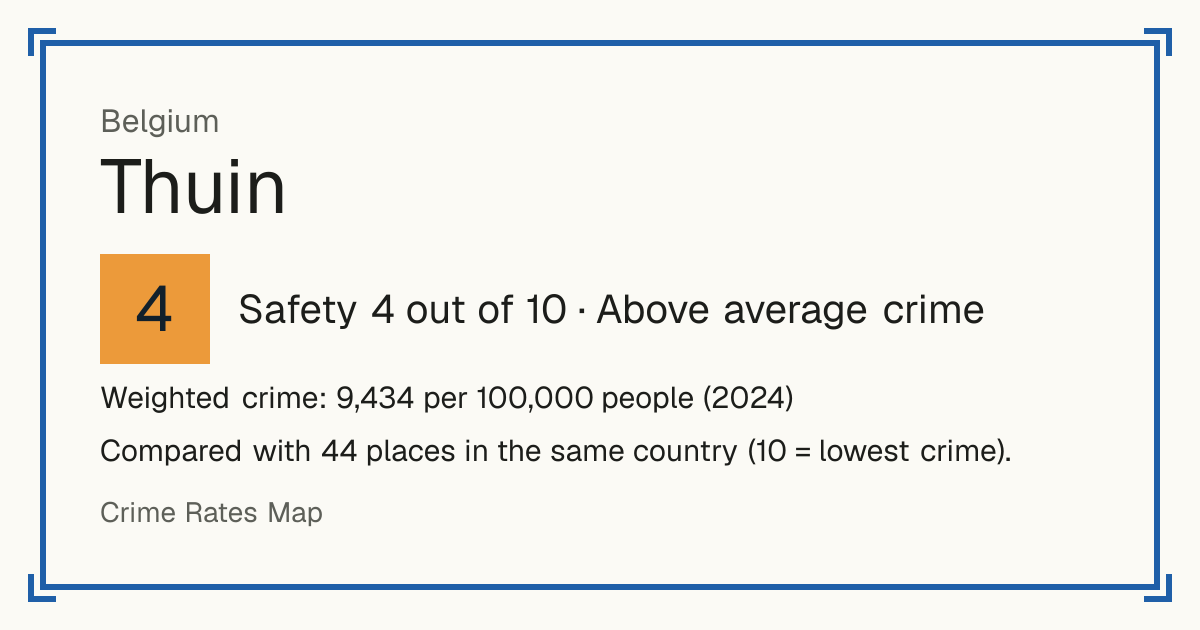 Thuin, Belgium: Safety 4 out of 10 (Above average crime). Weighted crime: 9,434 per 100,000 people (2024).