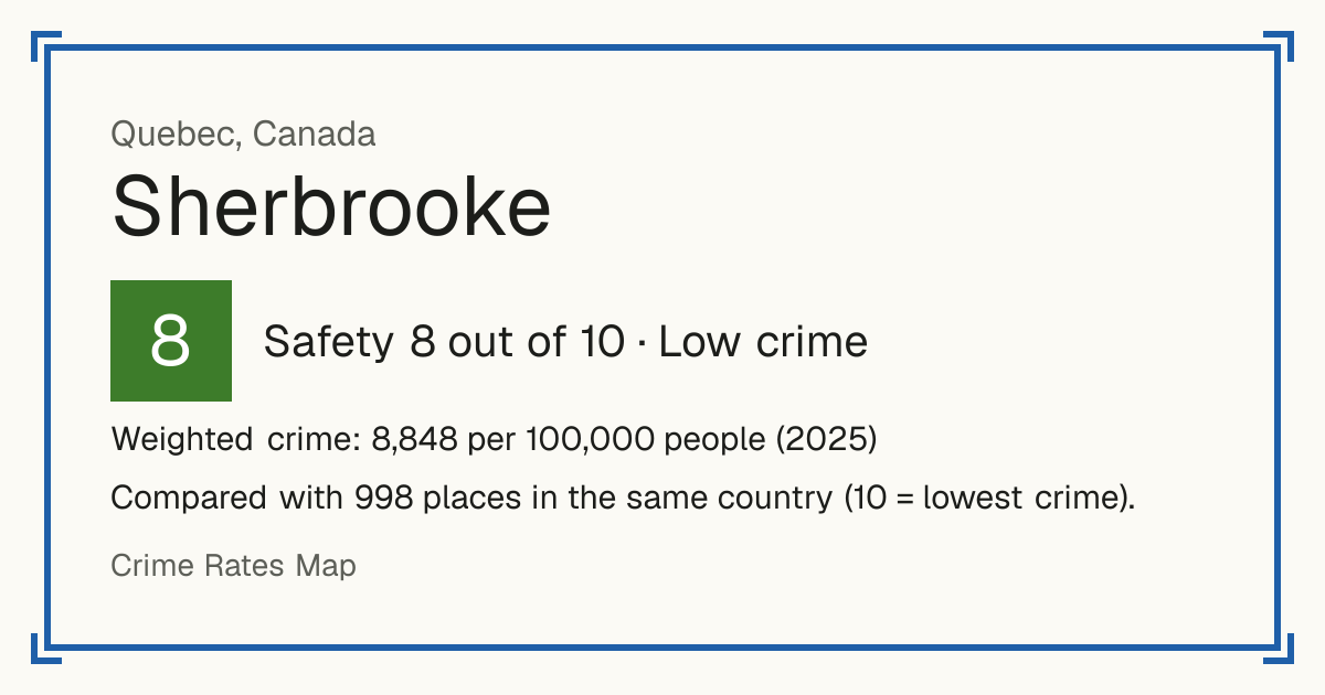 Sherbrooke, Canada: Safety 8 out of 10 (Low crime). Weighted crime: 8,848 per 100,000 people (2025).