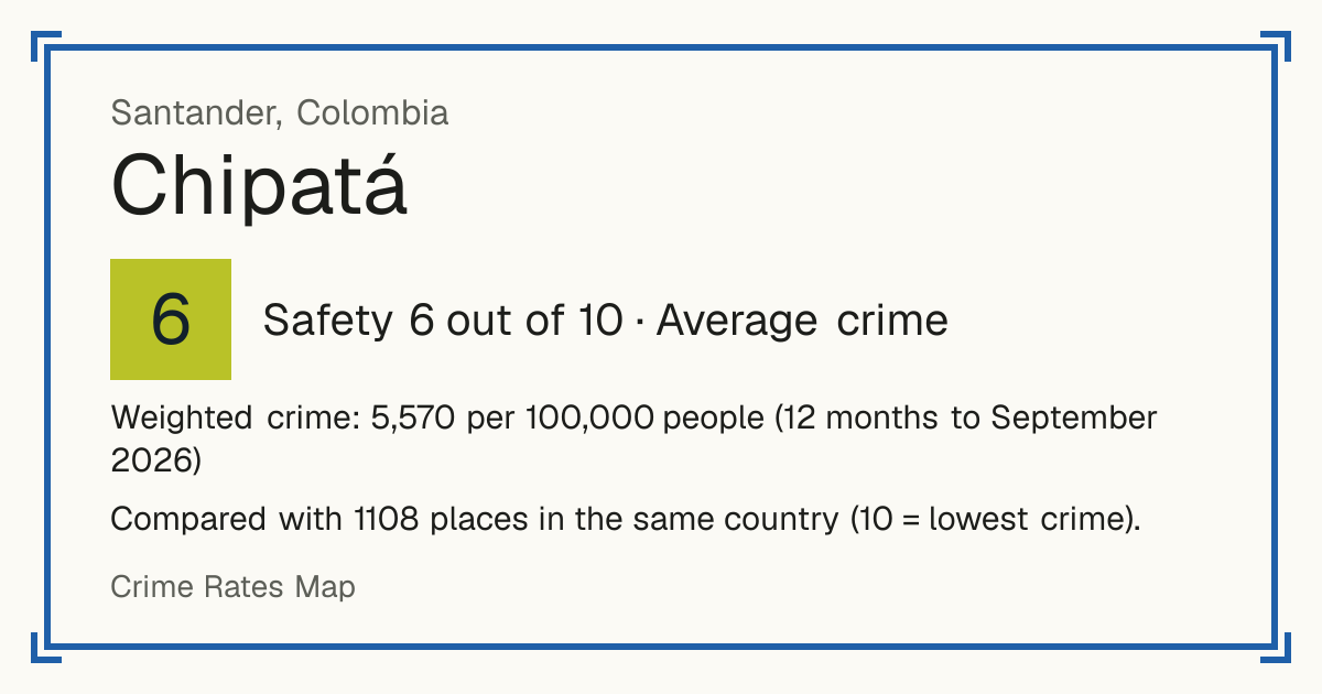 Chipatá, Colombia: Safety 6 out of 10 (Average crime). Weighted crime: 5,570 per 100,000 people (12 months to September 2026).