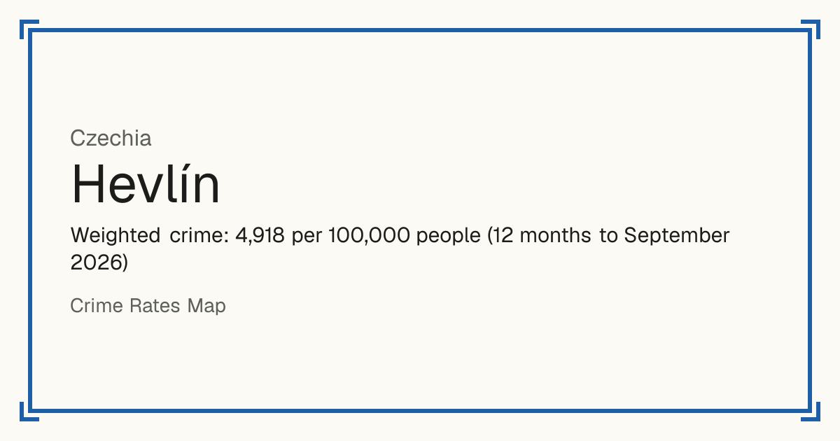 Hevlín, Czechia: Weighted crime: 4,918 per 100,000 people (12 months to September 2026).