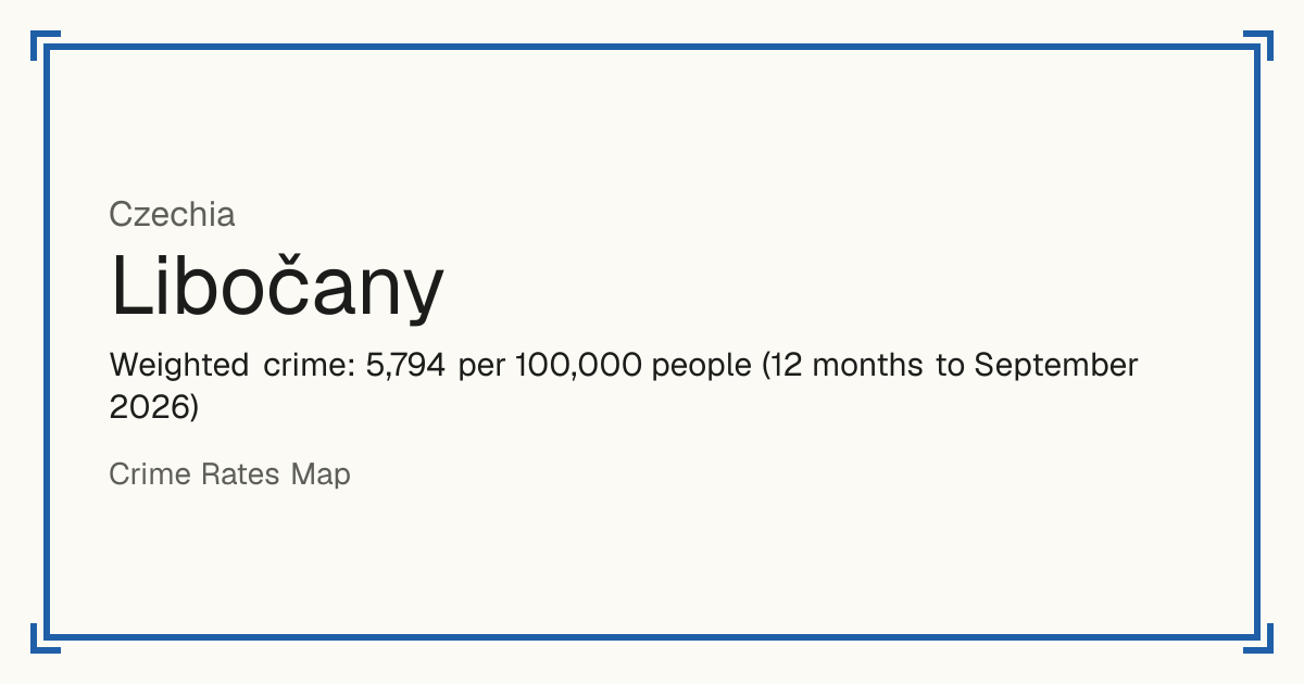 Libočany, Czechia: Weighted crime: 5,794 per 100,000 people (12 months to September 2026).