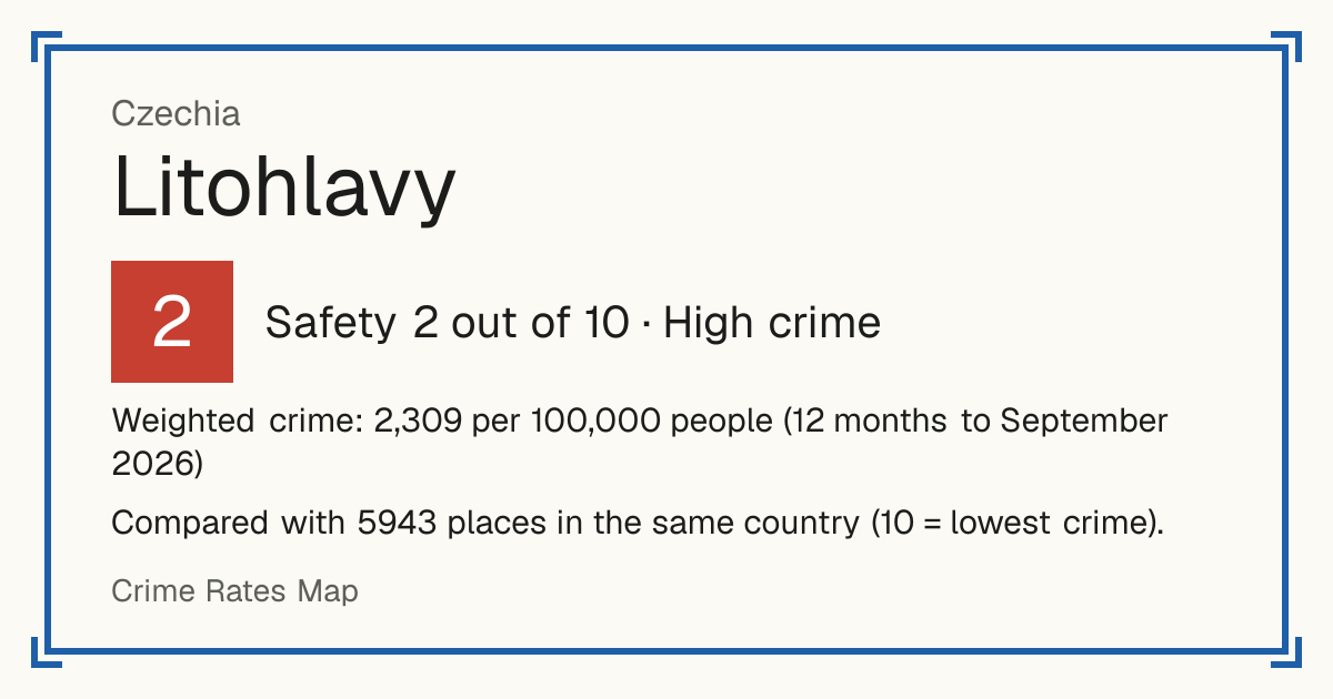 Litohlavy, Czechia: Safety 2 out of 10 (High crime). Weighted crime: 2,309 per 100,000 people (12 months to September 2026).