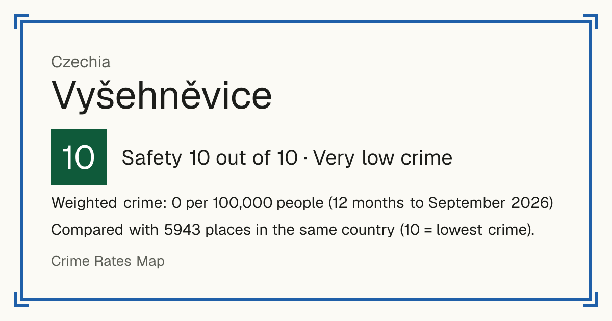 Vyšehněvice, Czechia: Safety 10 out of 10 (Very low crime). Weighted crime: 0 per 100,000 people (12 months to September 2026).