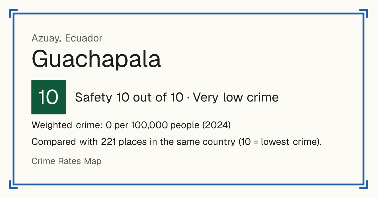 Guachapala, Ecuador: Safety 10 out of 10 (Very low crime). Weighted crime: 0 per 100,000 people (2024).