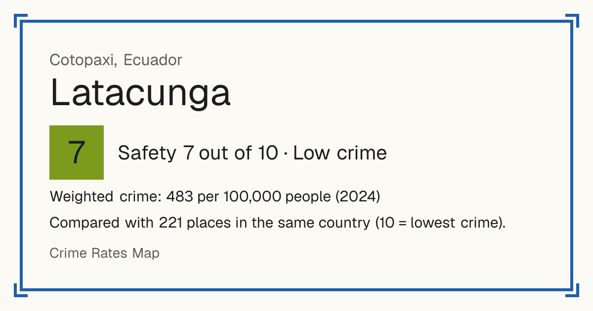 Latacunga, Ecuador: Safety 7 out of 10 (Low crime). Weighted crime: 483 per 100,000 people (2024).
