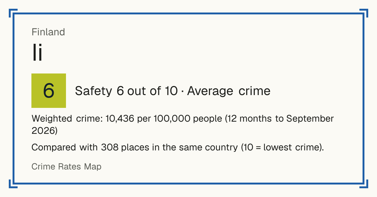 Ii, Finland: Safety 6 out of 10 (Average crime). Weighted crime: 10,436 per 100,000 people (12 months to September 2026).