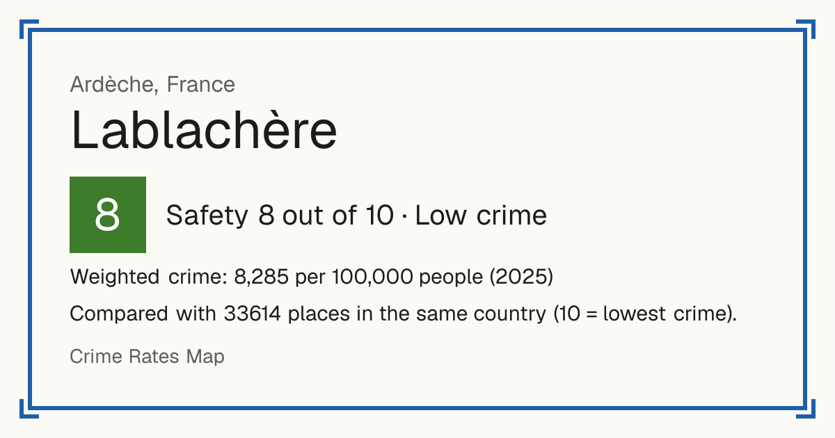 Lablachère, France: Safety 8 out of 10 (Low crime). Weighted crime: 8,285 per 100,000 people (2025).