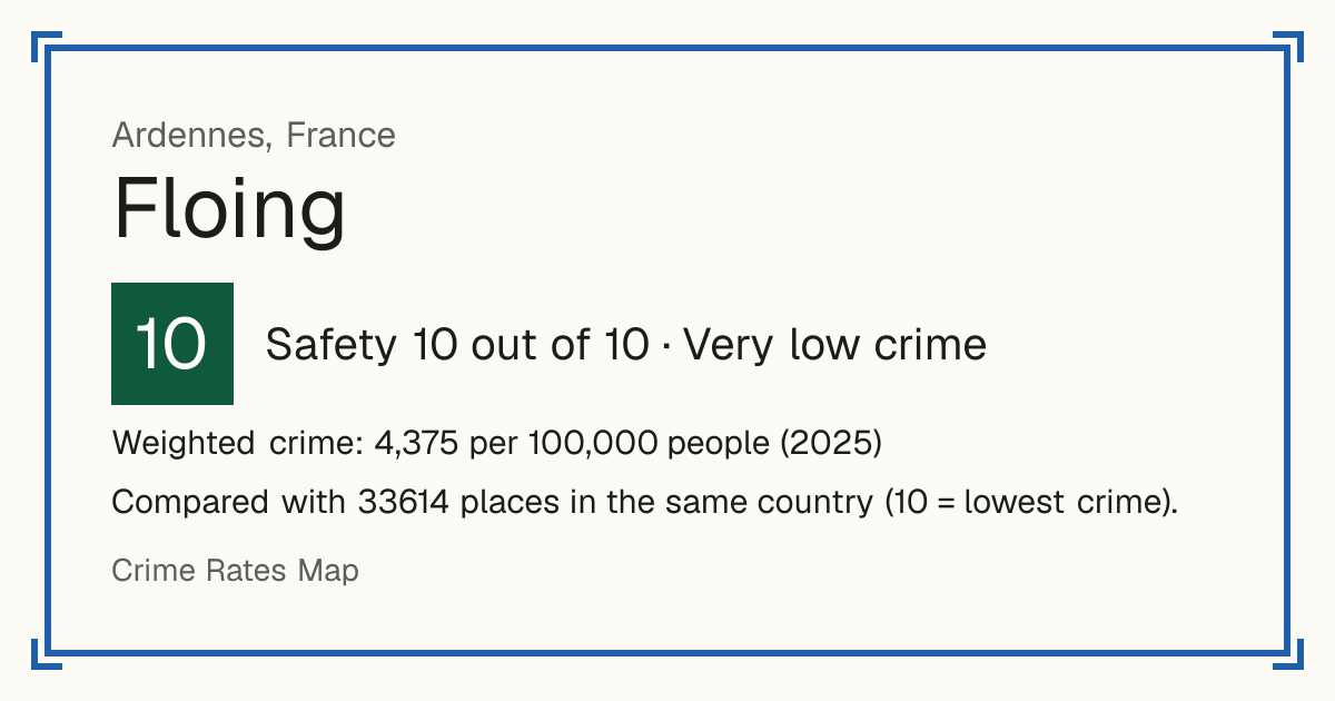 Floing, France: Safety 10 out of 10 (Very low crime). Weighted crime: 4,375 per 100,000 people (2025).