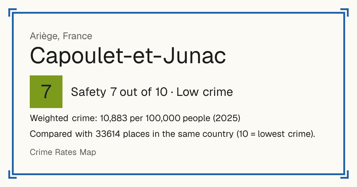 Capoulet-et-Junac, France: Safety 7 out of 10 (Low crime). Weighted crime: 10,883 per 100,000 people (2025).