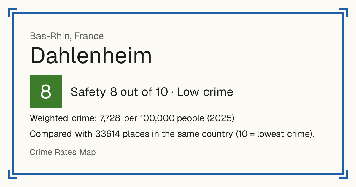 Dahlenheim, France: Safety 8 out of 10 (Low crime). Weighted crime: 7,728 per 100,000 people (2025).