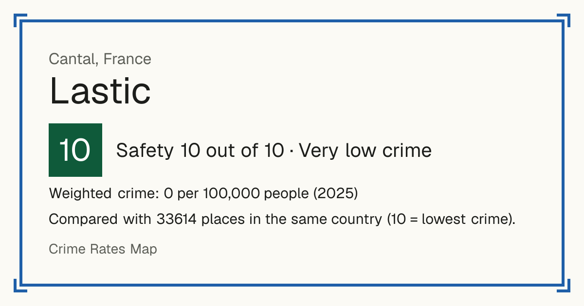 Lastic, Cantal, France: Safety 10 out of 10 (Very low crime). Weighted crime: 0 per 100,000 people (2025).