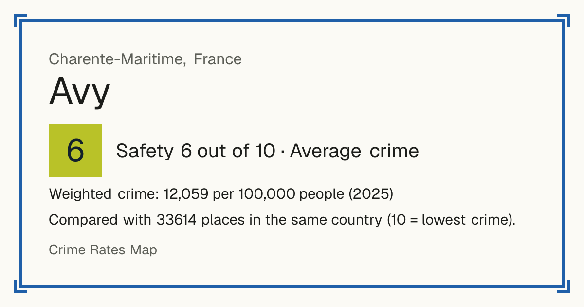 Avy, France: Safety 6 out of 10 (Average crime). Weighted crime: 12,059 per 100,000 people (2025).