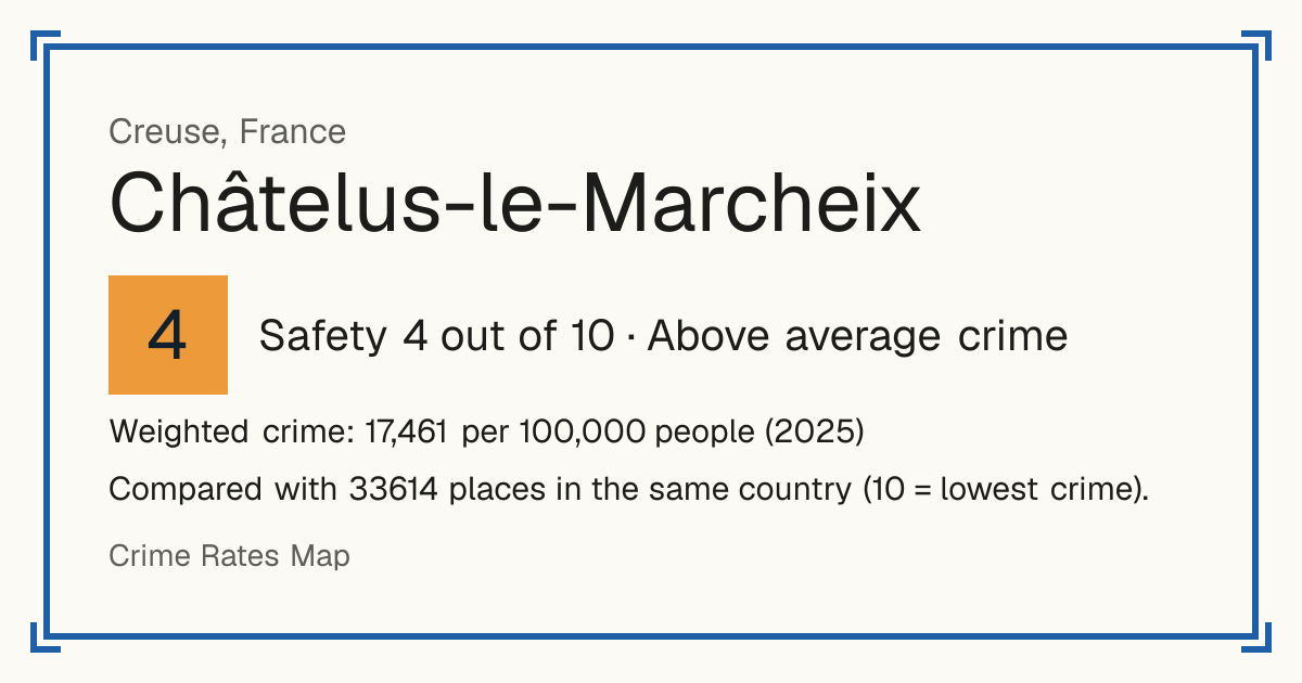 Châtelus-le-Marcheix, France: Safety 4 out of 10 (Above average crime). Weighted crime: 17,461 per 100,000 people (2025).