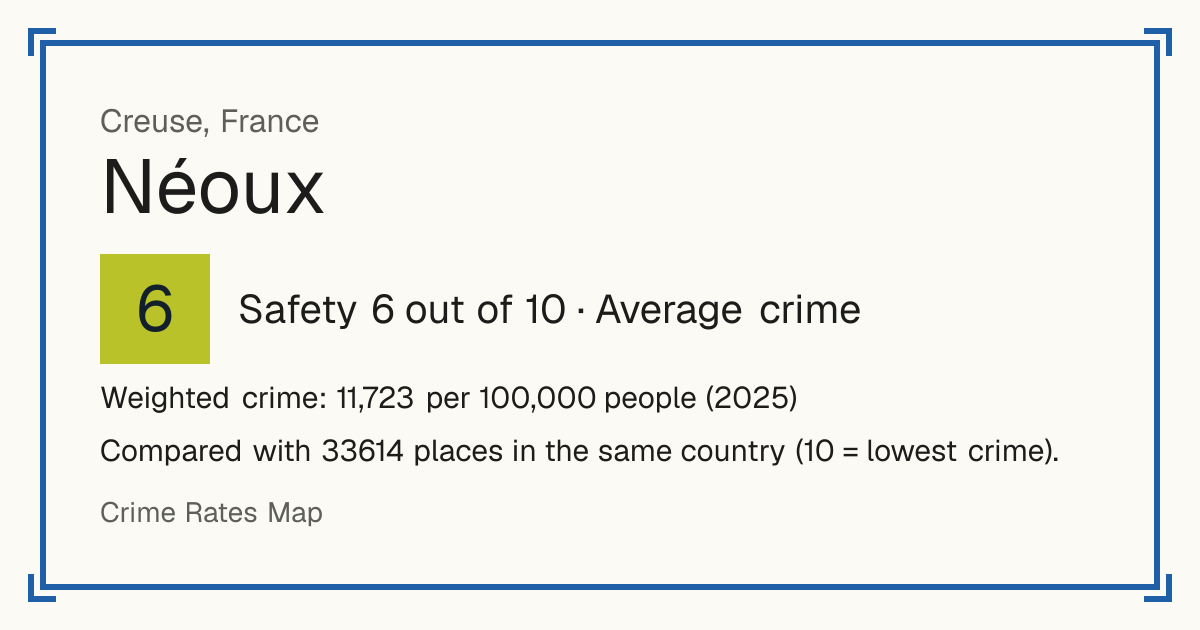 Néoux, France: Safety 6 out of 10 (Average crime). Weighted crime: 11,723 per 100,000 people (2025).