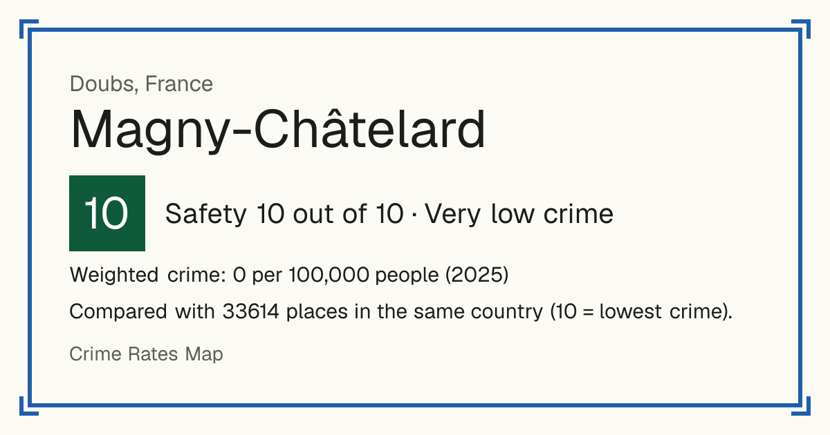 Magny-Châtelard, France: Safety 10 out of 10 (Very low crime). Weighted crime: 0 per 100,000 people (2025).