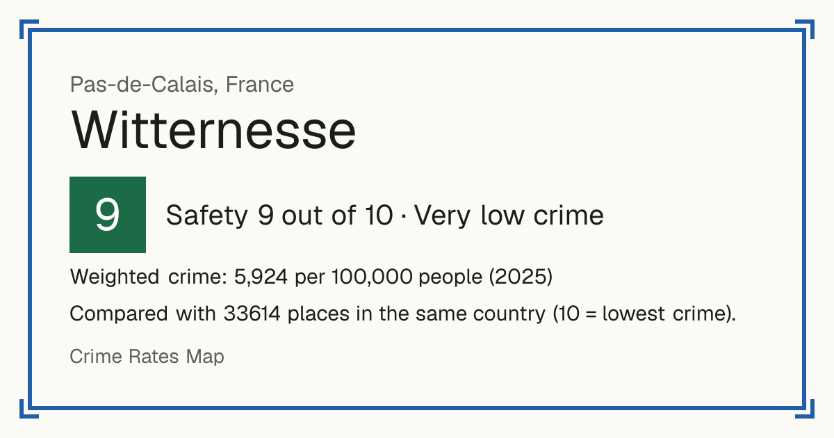 Witternesse, France: Safety 9 out of 10 (Very low crime). Weighted crime: 5,924 per 100,000 people (2025).