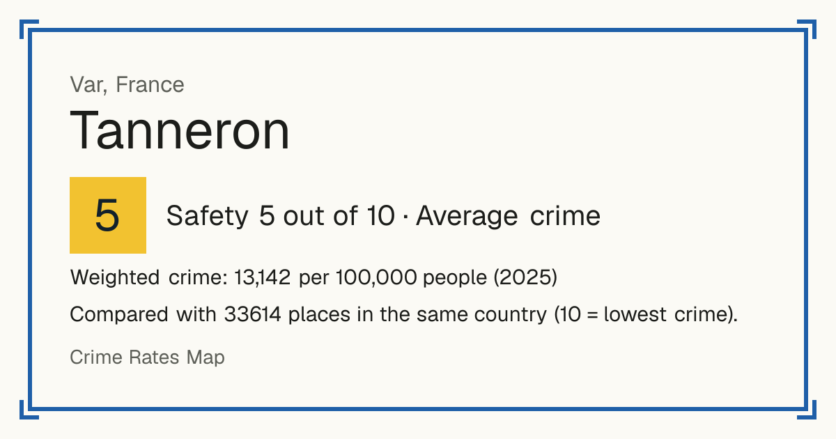 Tanneron, France: Safety 5 out of 10 (Average crime). Weighted crime: 13,142 per 100,000 people (2025).
