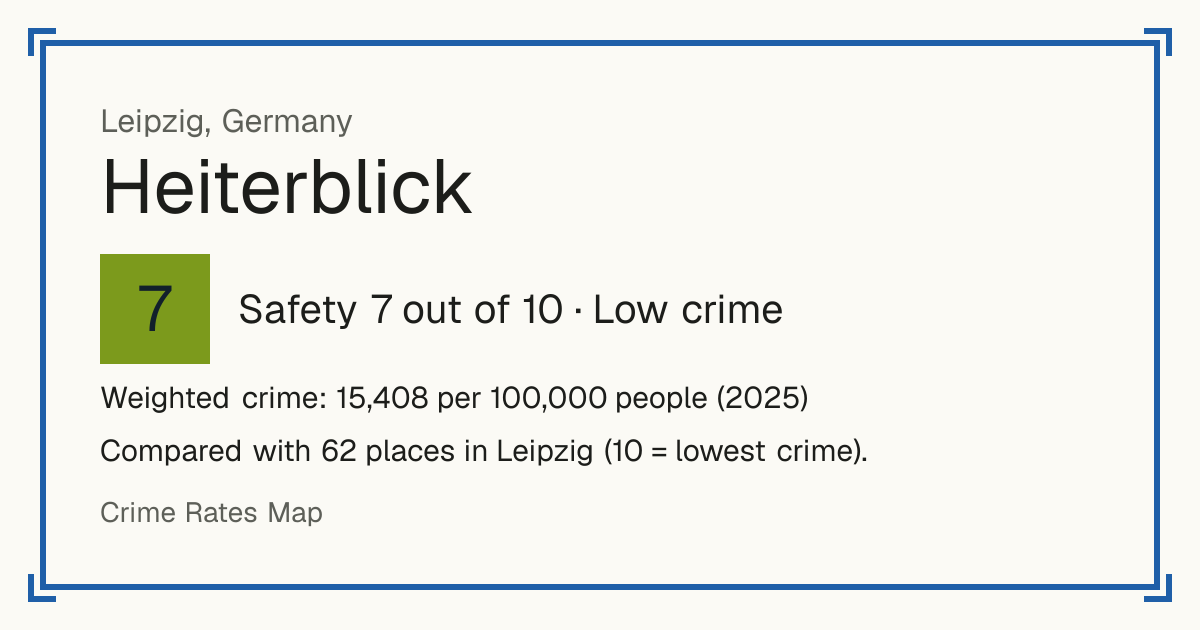 Heiterblick, Germany: Safety 7 out of 10 (Low crime). Weighted crime: 15,408 per 100,000 people (2025). Compared with 62 places in Leipzig (10 = lowest crime).