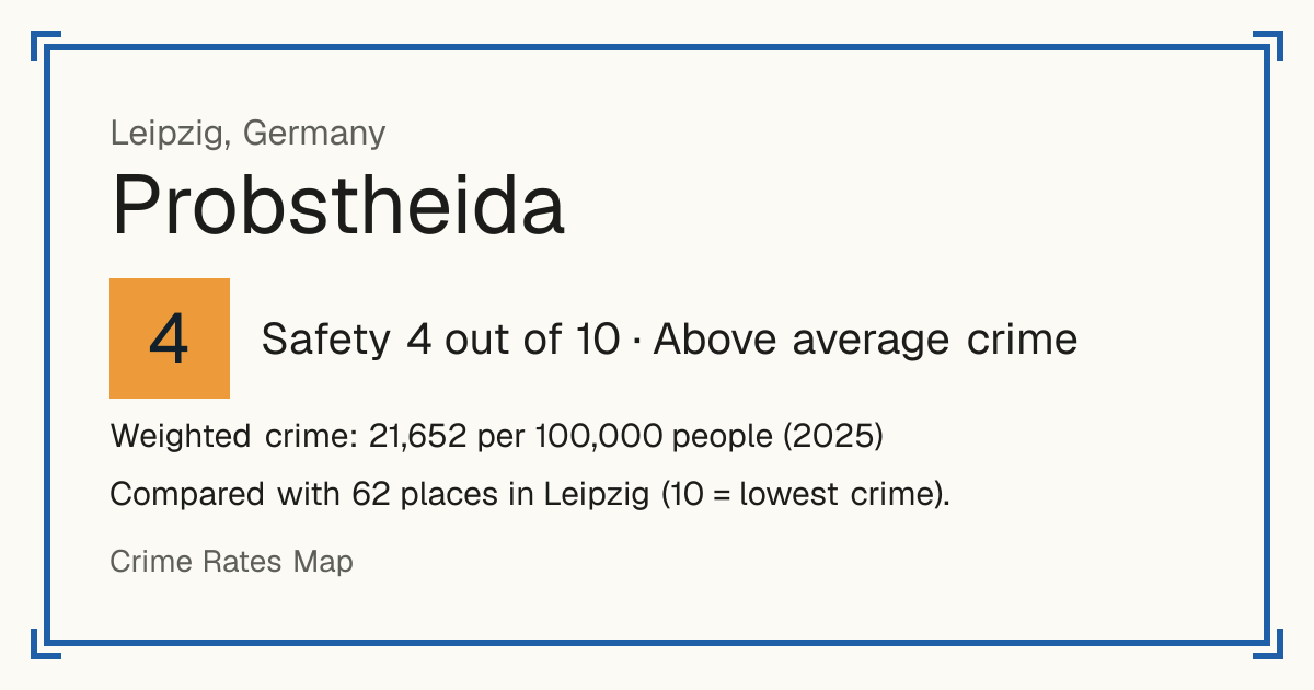 Probstheida, Germany: Safety 4 out of 10 (Above average crime). Weighted crime: 21,652 per 100,000 people (2025).