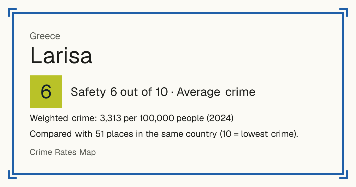 Larisa, Greece: Safety 6 out of 10 (Average crime). Weighted crime: 3,313 per 100,000 people (2024).