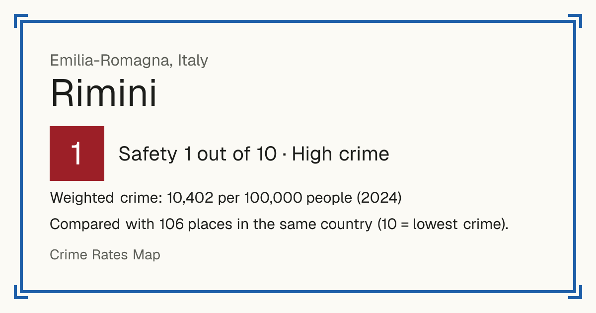 Rimini, Italy: Safety 1 out of 10 (High crime). Weighted crime: 10,402 per 100,000 people (2024).