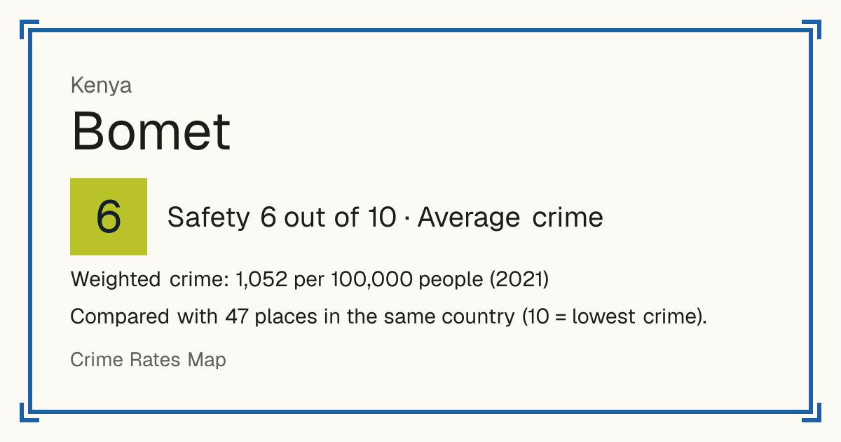 Bomet, Kenya: Safety 6 out of 10 (Average crime). Weighted crime: 1,052 per 100,000 people (2021).
