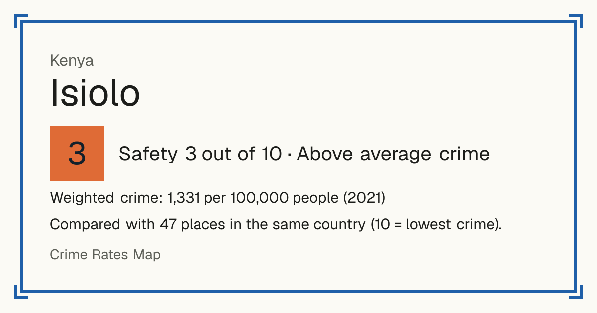 Isiolo, Kenya: Safety 3 out of 10 (Above average crime). Weighted crime: 1,331 per 100,000 people (2021).