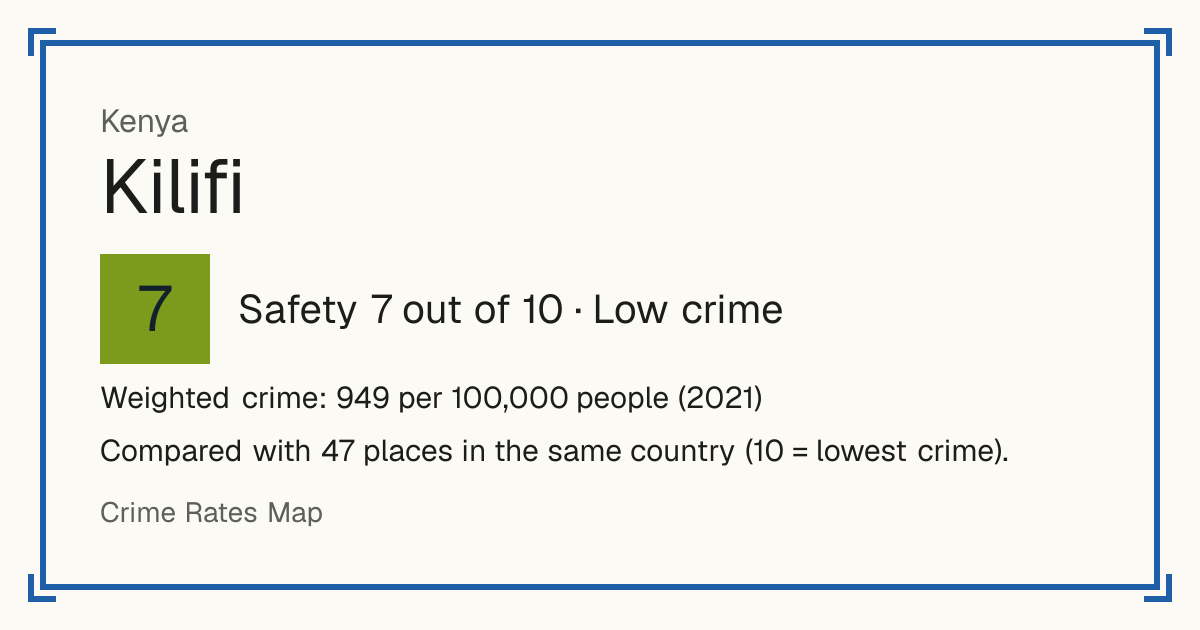 Kilifi, Kenya: Safety 7 out of 10 (Low crime). Weighted crime: 949 per 100,000 people (2021). Compared with 47 places in the same country (10 = lowest crime).