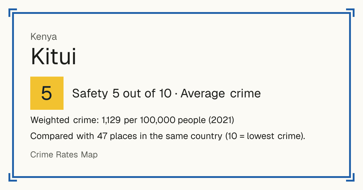 Kitui, Kenya: Safety 5 out of 10 (Average crime). Weighted crime: 1,129 per 100,000 people (2021).
