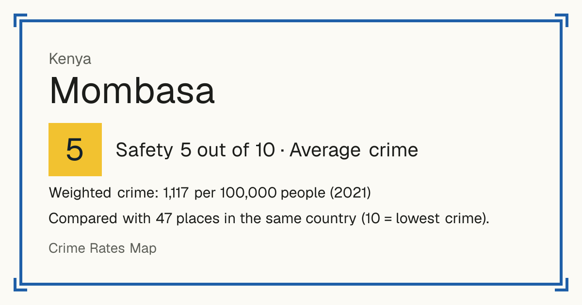 Mombasa, Kenya: Safety 5 out of 10 (Average crime). Weighted crime: 1,117 per 100,000 people (2021).