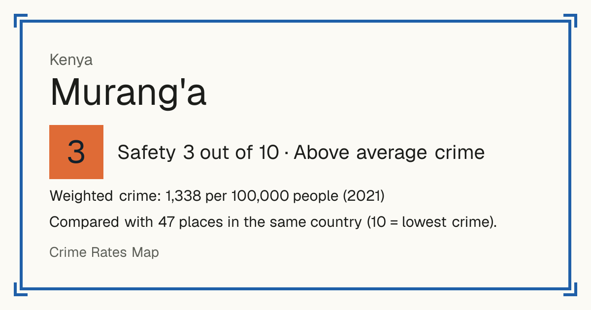 Murang'a, Kenya: Safety 3 out of 10 (Above average crime). Weighted crime: 1,338 per 100,000 people (2021).