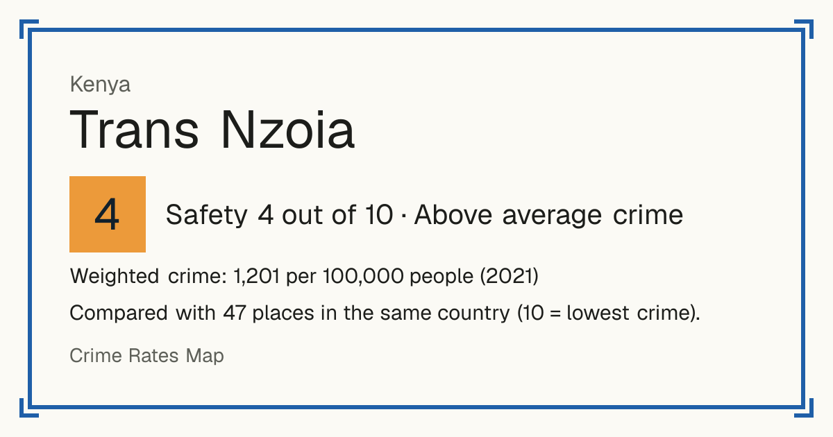 Trans Nzoia, Kenya: Safety 4 out of 10 (Above average crime). Weighted crime: 1,201 per 100,000 people (2021).