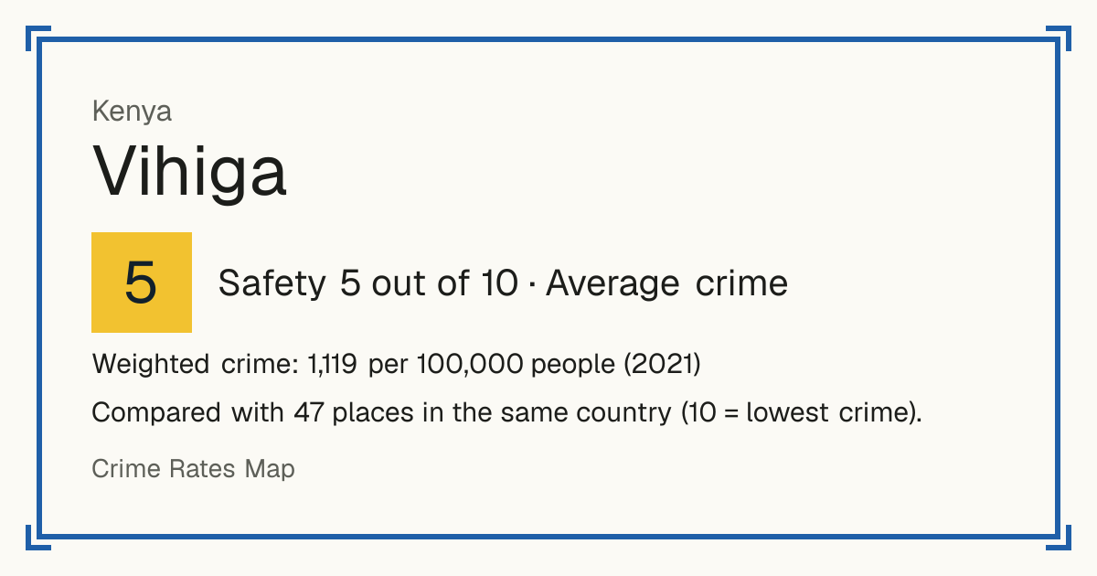 Vihiga, Kenya: Safety 5 out of 10 (Average crime). Weighted crime: 1,119 per 100,000 people (2021).