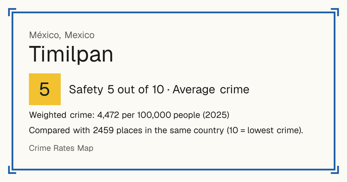 Timilpan, Mexico: Safety 5 out of 10 (Average crime). Weighted crime: 4,472 per 100,000 people (2025).