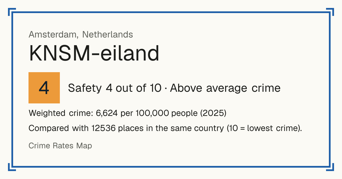 KNSM-eiland, Netherlands: Safety 4 out of 10 (Above average crime). Weighted crime: 6,624 per 100,000 people (2025).
