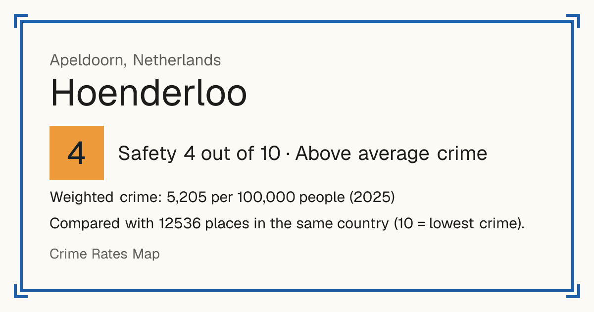 Hoenderloo, Netherlands: Safety 4 out of 10 (Above average crime). Weighted crime: 5,205 per 100,000 people (2025).