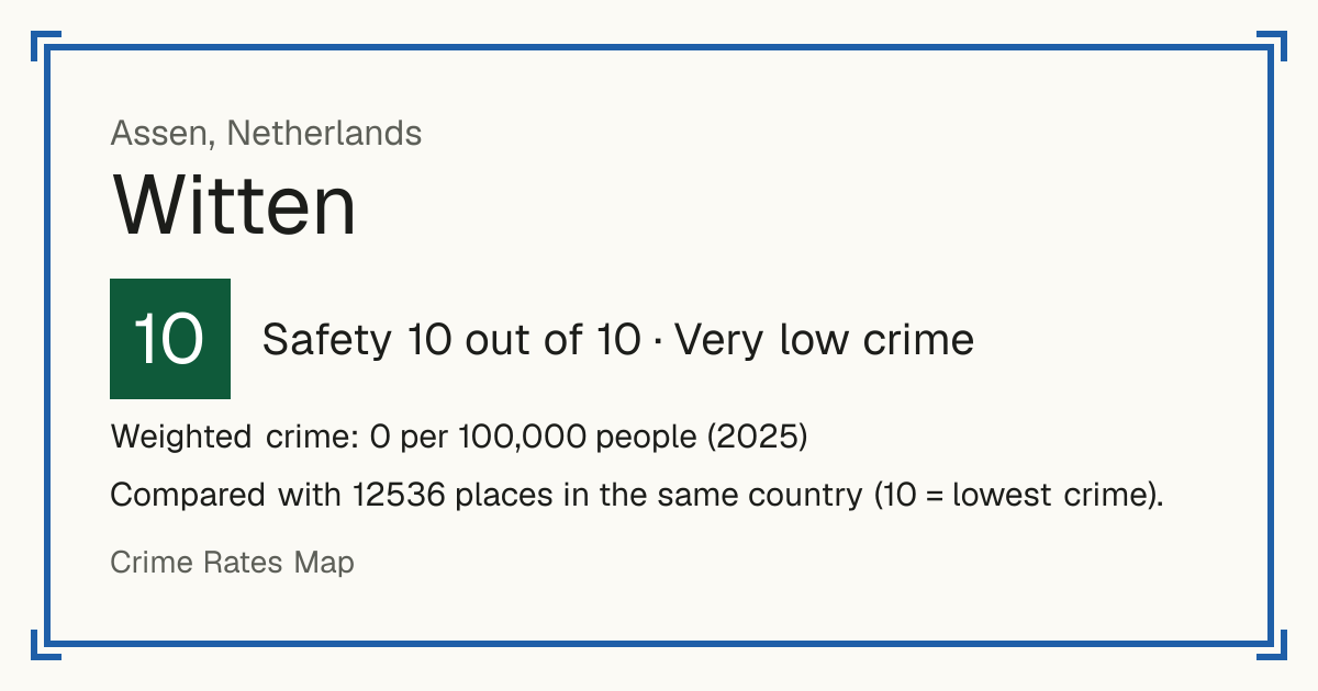 Witten, Netherlands: Safety 10 out of 10 (Very low crime). Weighted crime: 0 per 100,000 people (2025).