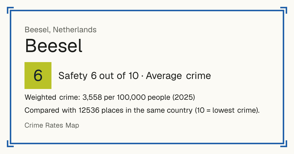 Beesel, Beesel, Netherlands: Safety 6 out of 10 (Average crime). Weighted crime: 3,558 per 100,000 people (2025).