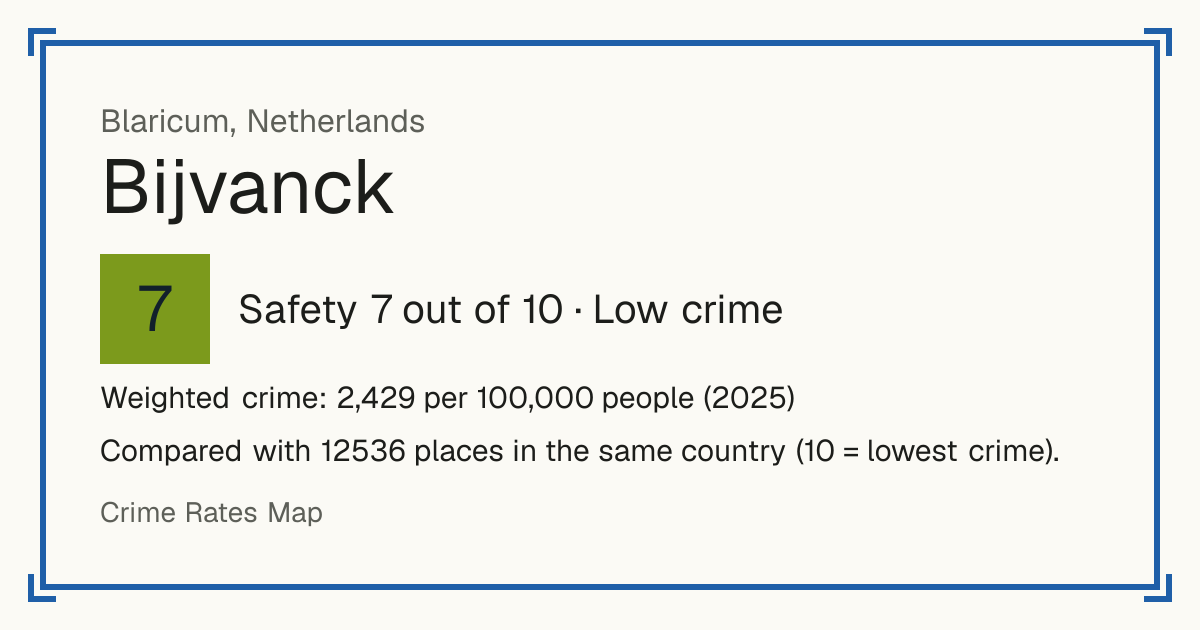 Bijvanck, Netherlands: Safety 7 out of 10 (Low crime). Weighted crime: 2,429 per 100,000 people (2025).