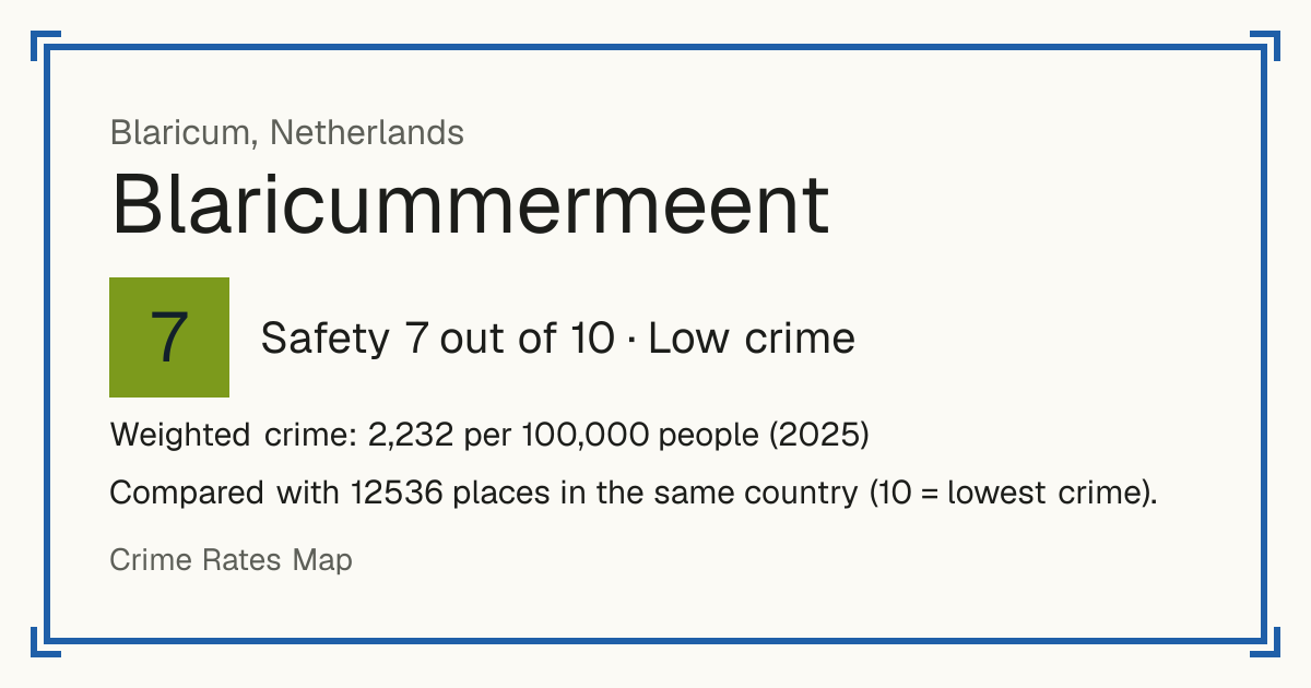 Blaricummermeent, Netherlands: Safety 7 out of 10 (Low crime). Weighted crime: 2,232 per 100,000 people (2025).