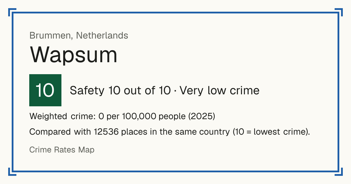 Wapsum, Netherlands: Safety 10 out of 10 (Very low crime). Weighted crime: 0 per 100,000 people (2025).