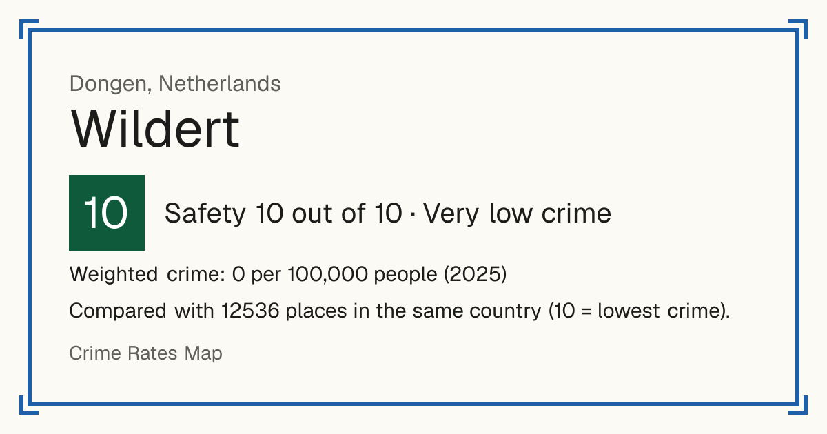 Wildert, Netherlands: Safety 10 out of 10 (Very low crime). Weighted crime: 0 per 100,000 people (2025).