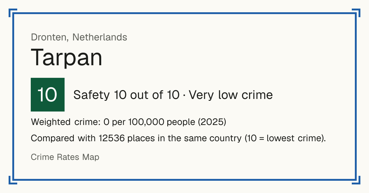 Tarpan, Netherlands: Safety 10 out of 10 (Very low crime). Weighted crime: 0 per 100,000 people (2025).