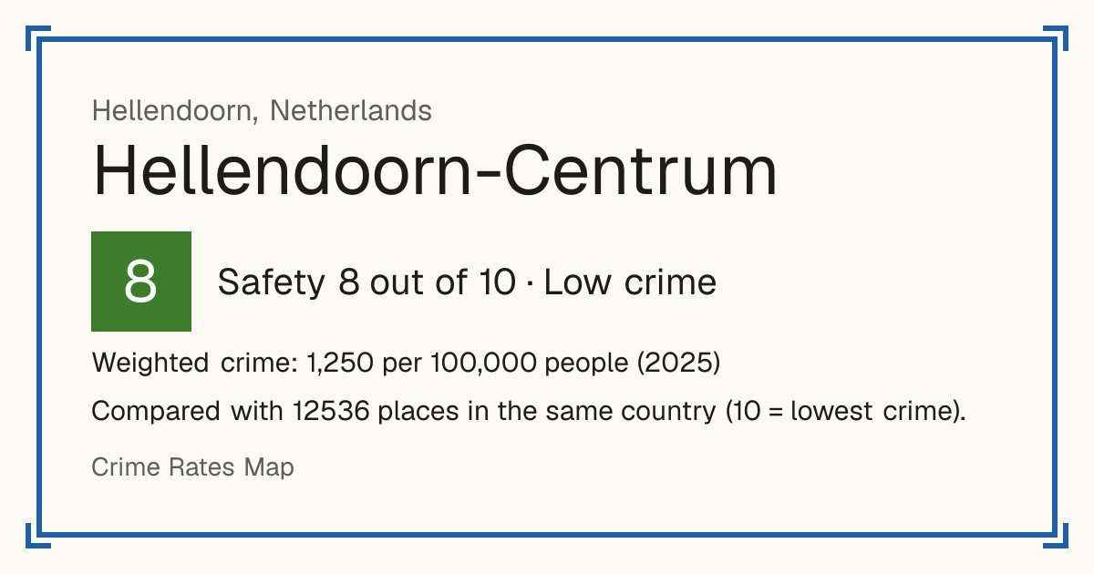Hellendoorn-Centrum, Netherlands: Safety 8 out of 10 (Low crime). Weighted crime: 1,250 per 100,000 people (2025).