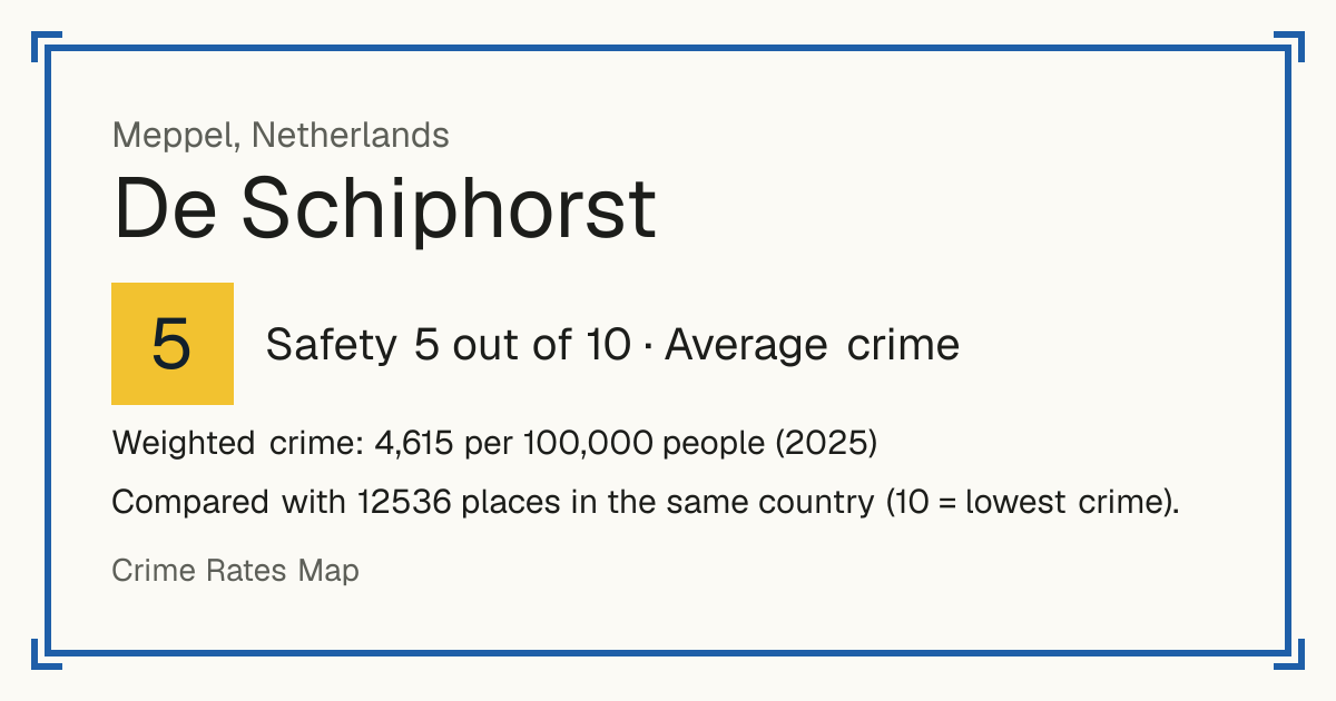 De Schiphorst, Netherlands: Safety 5 out of 10 (Average crime). Weighted crime: 4,615 per 100,000 people (2025).