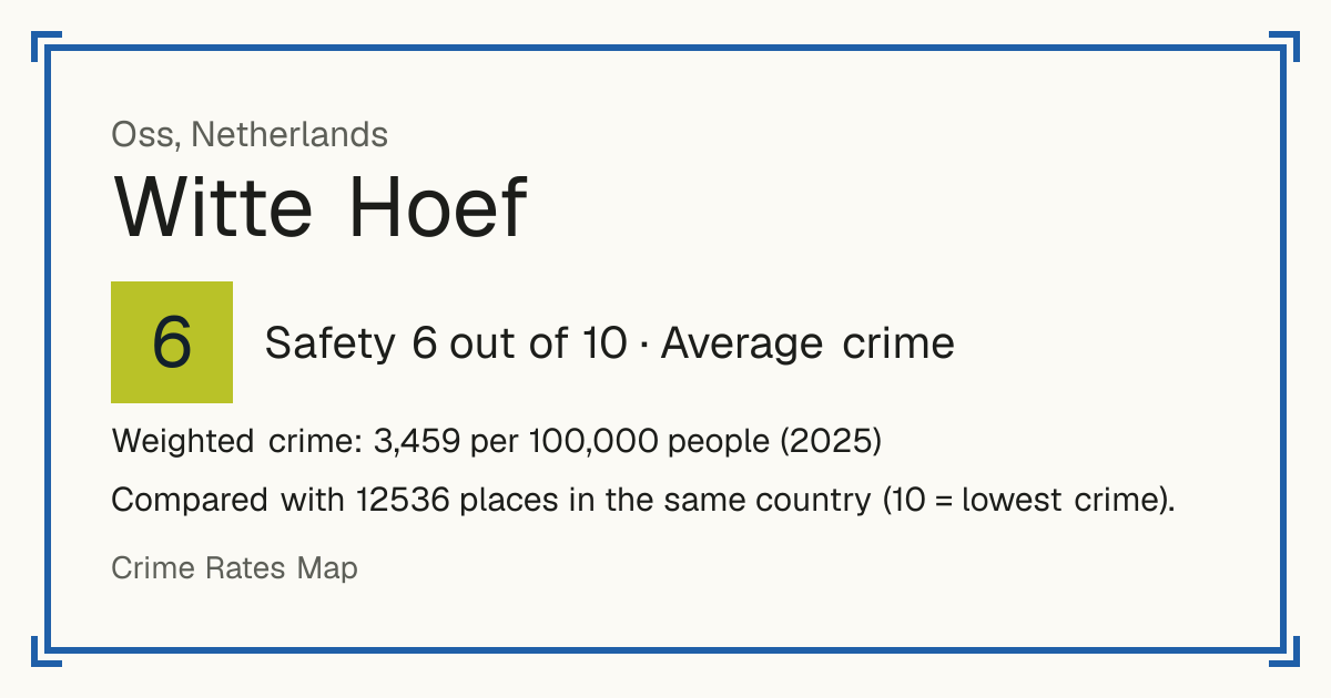 Witte Hoef, Netherlands: Safety 6 out of 10 (Average crime). Weighted crime: 3,459 per 100,000 people (2025).