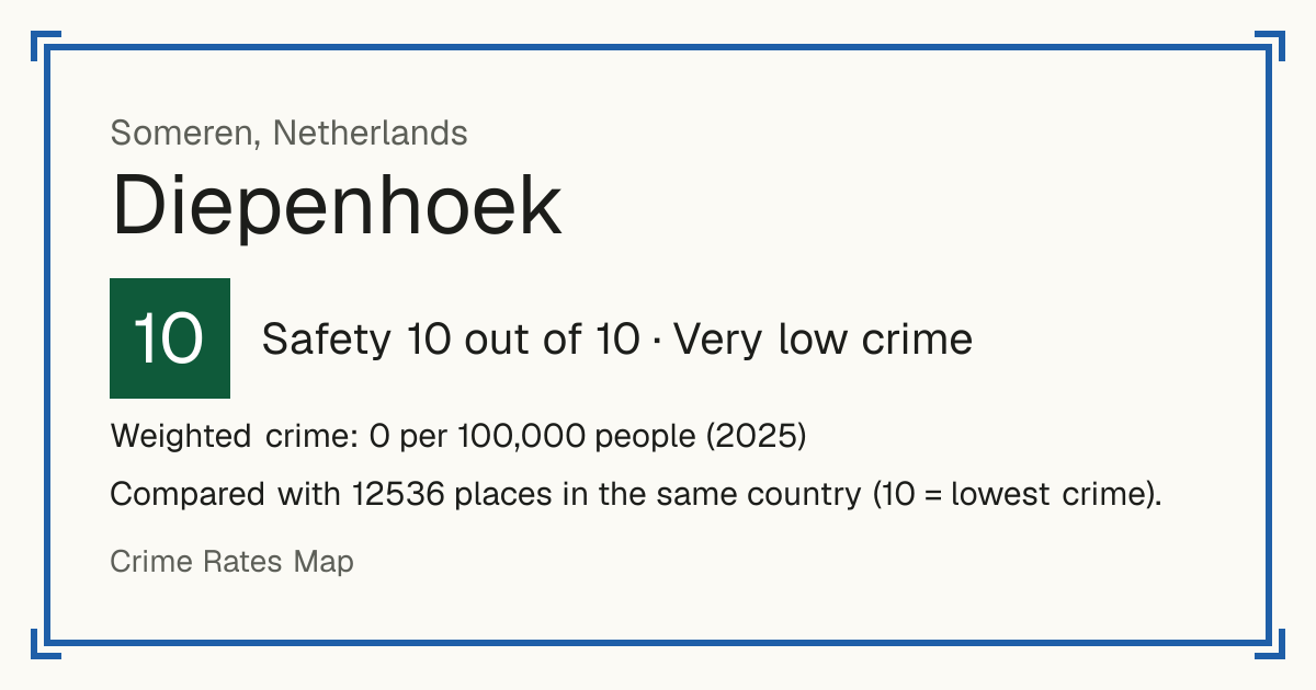 Diepenhoek, Netherlands: Safety 10 out of 10 (Very low crime). Weighted crime: 0 per 100,000 people (2025).