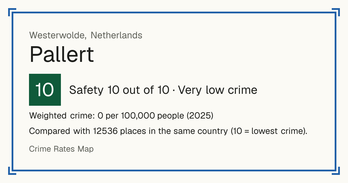 Pallert, Netherlands: Safety 10 out of 10 (Very low crime). Weighted crime: 0 per 100,000 people (2025).